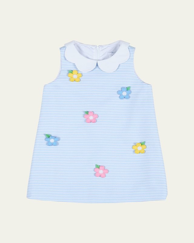 Girl's Striped Dress W/ Floral Appliques, Size 12M-